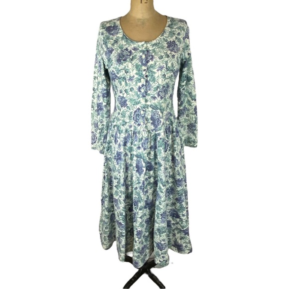 Laura Ashley Dresses & Skirts - Laura Ashley Blue/Green Floral Button Front Long Sleeve Maxi Dress Size 8